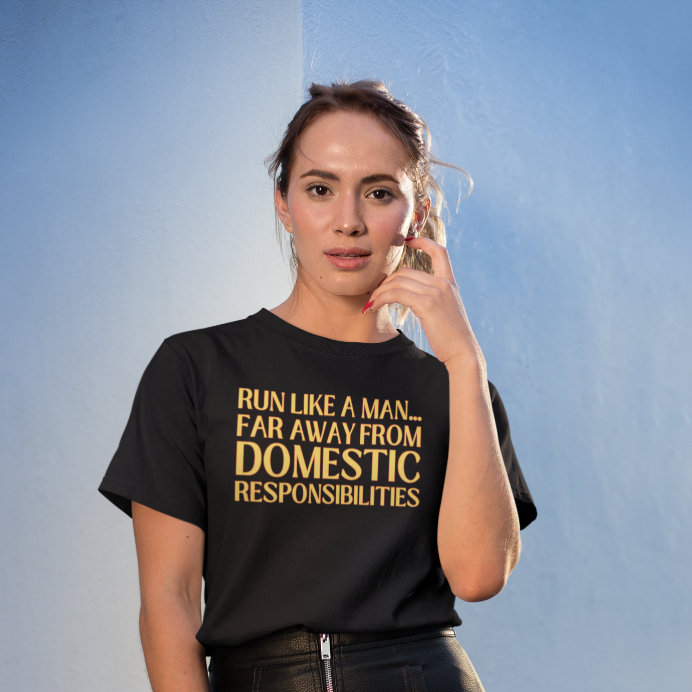 black feminist tee that says run like a man... far away from domestic responsibilities in yellow writing. Shop Women’s Rights T-shirts - Feminist Trash Store