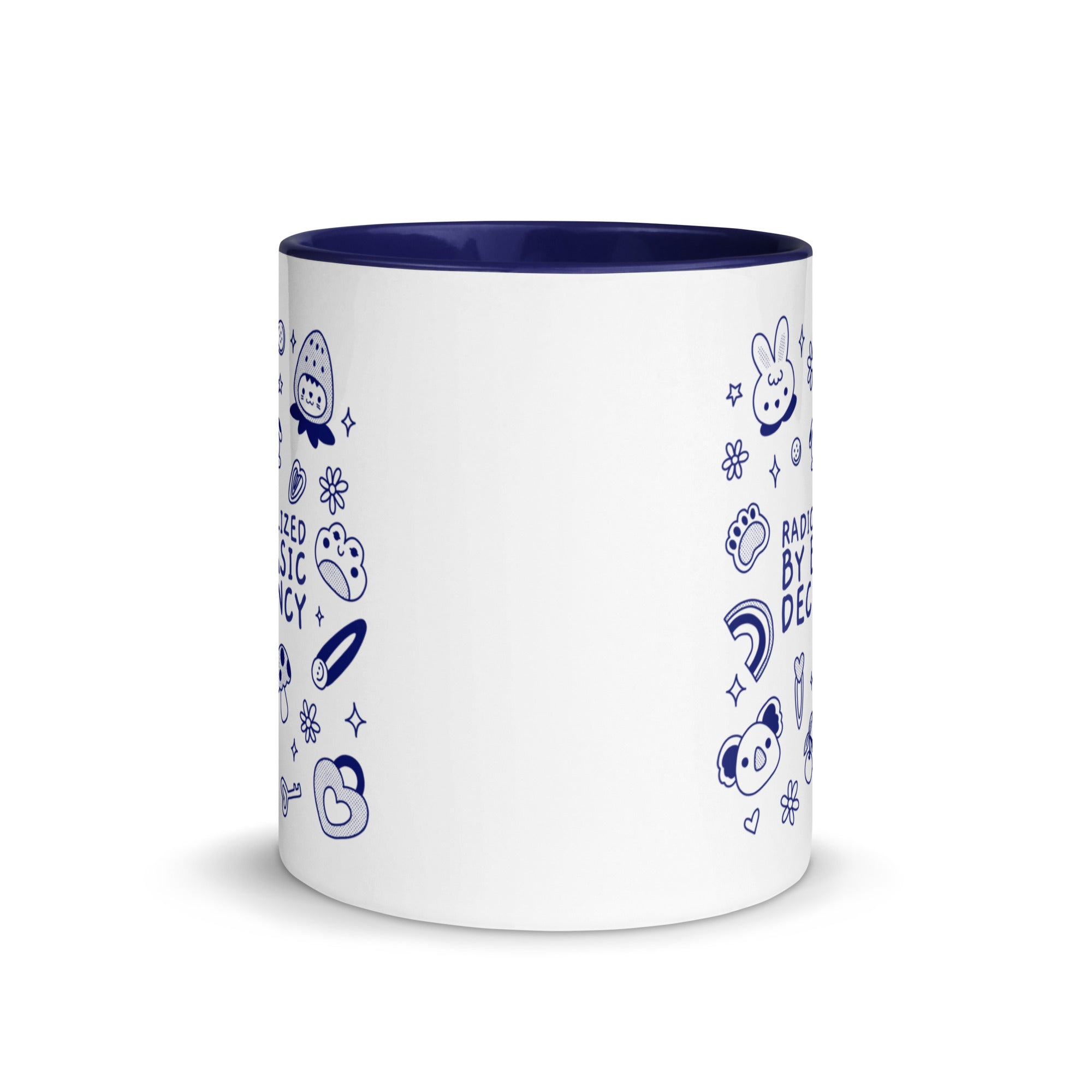 durable ceramic finish and vibrant printed text on the "Radicalized by Basic Decency" mug, highlighting the high-quality print and colorful rim. Shop Feminist Trash for political mugs