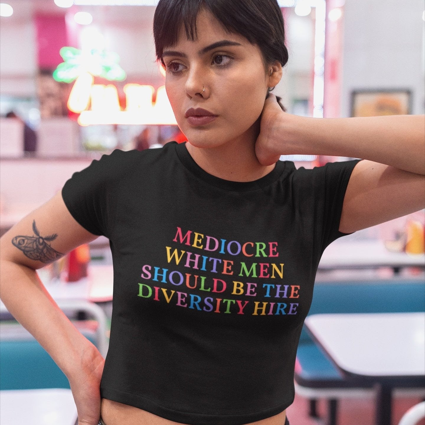 Statement Rainbow Feminist Crop Top that says mediocre white men should be the diversity hire in rainbow writing - Shop Empowering Feminist Apparel and dump him shirts