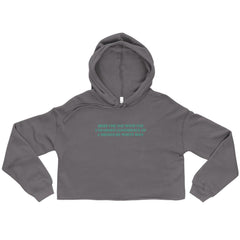 Storm (gray) feminist cropped hoodie with 'Seize the Day with the Unearned Confidence of a Mediocre White Man' text, empowering women to seize opportunities. Shop feminist apparel and dump him shirts