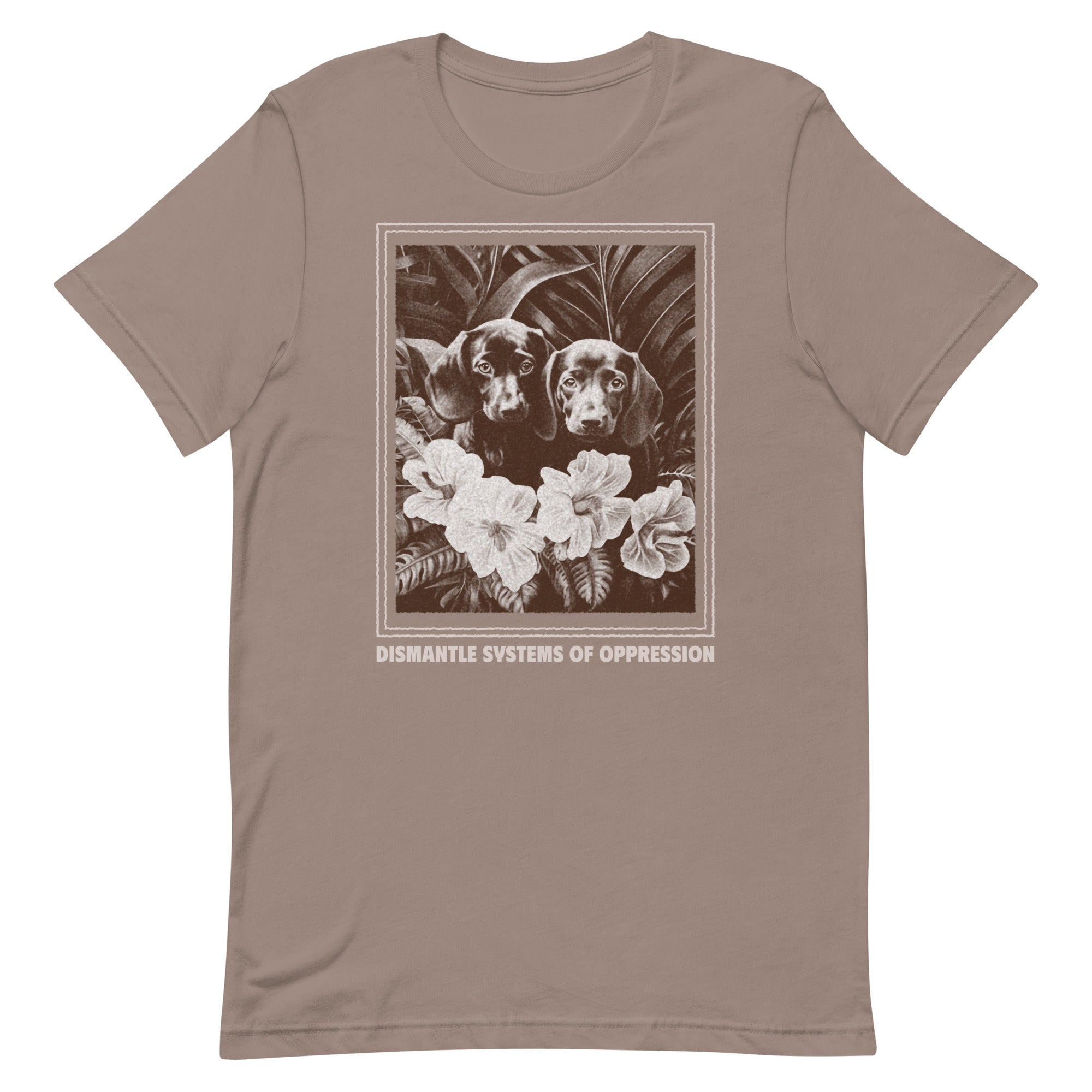Pebble-colored political graphic tee made from sustainable materials featuring a vintage dog and flower art print