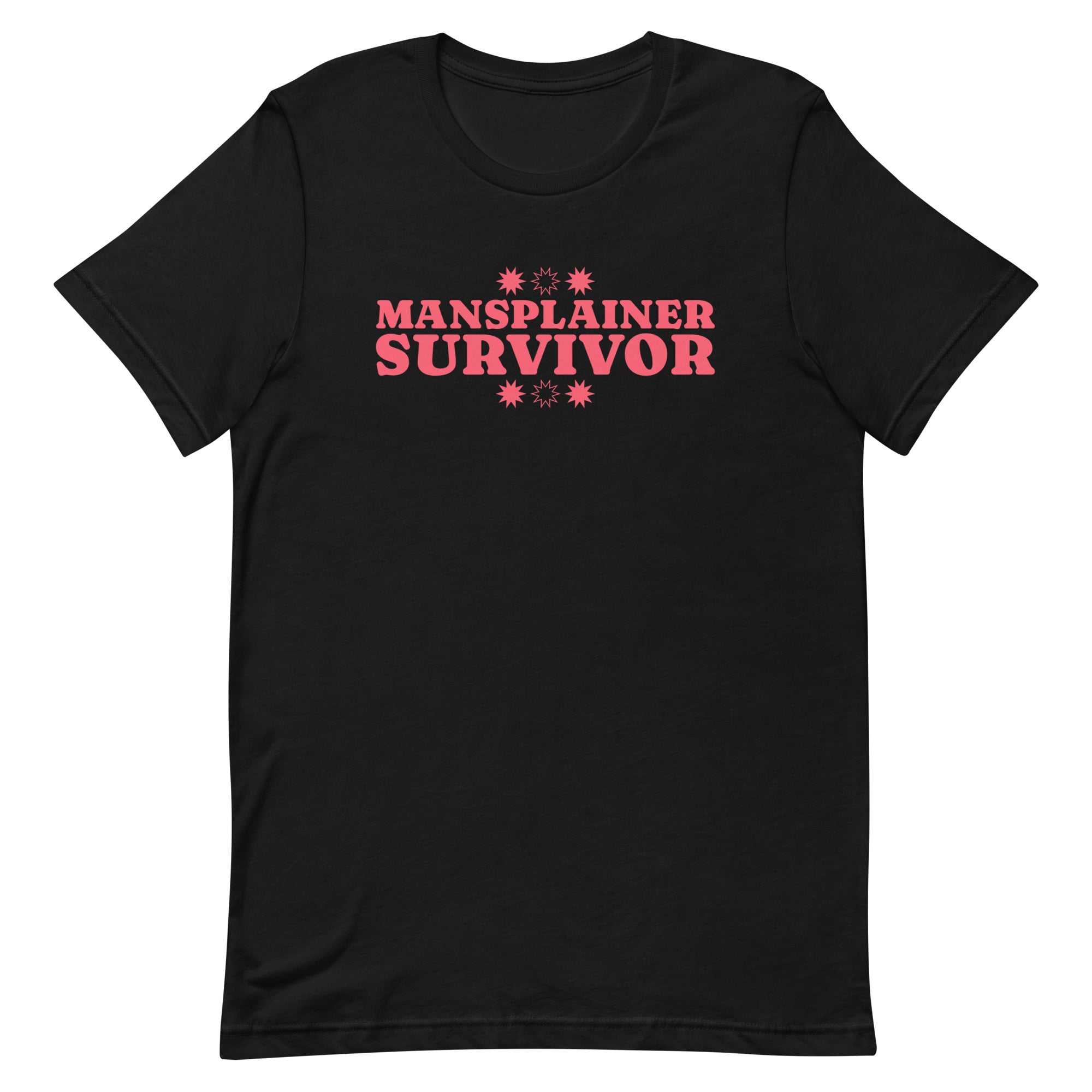 Image of a black feminist tshirt with 'Mansplainer Survivor' this feminist shirt features bold red lettering. This feminist tee is a bold statement against gender bias and inequality.