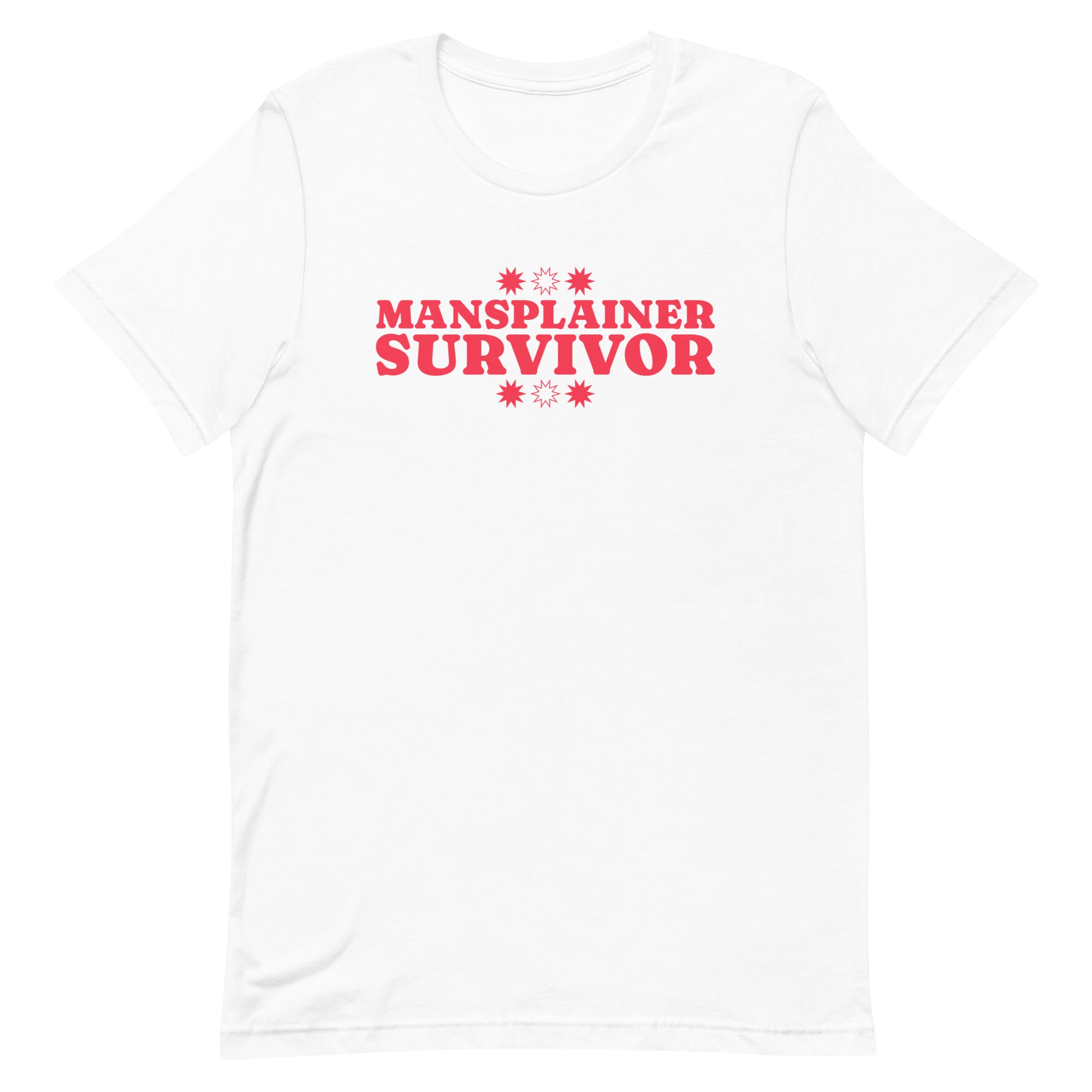 Image of a white feminist t-shirt with 'Mansplainer Survivor' in bold red lettering. This feminist shirt is perfect for those who stand up against mansplaining and support gender equality. Add this feminist tshirt to your collection today.