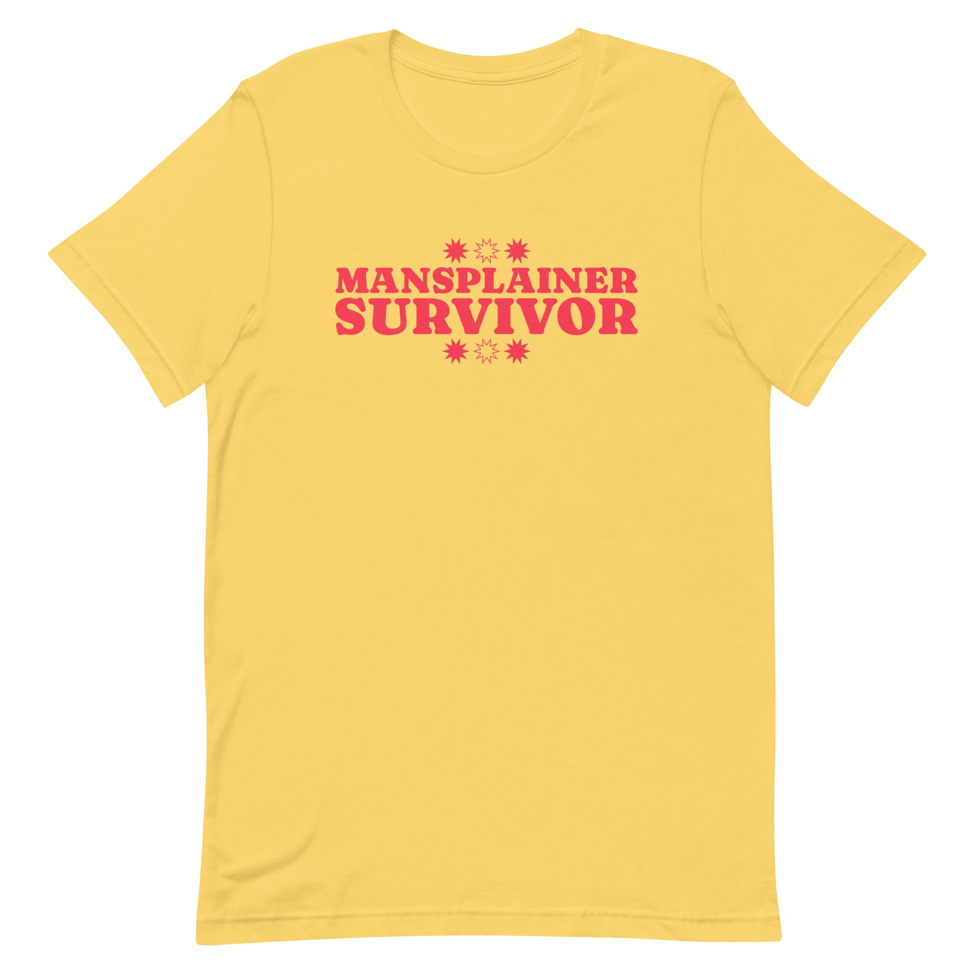 Image of a yellow feminist tshirt with 'Mansplainer Survivor' in bold red lettering. This feminist shirt is a powerful statement of resilience against men who don't shut up. Shop our feminist apparel today