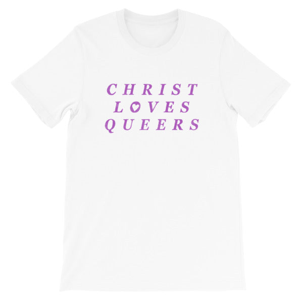 White Feminist T-Shirt that says christ loves queers in purple writing- define pride with our pride themed shirts and pride merch.