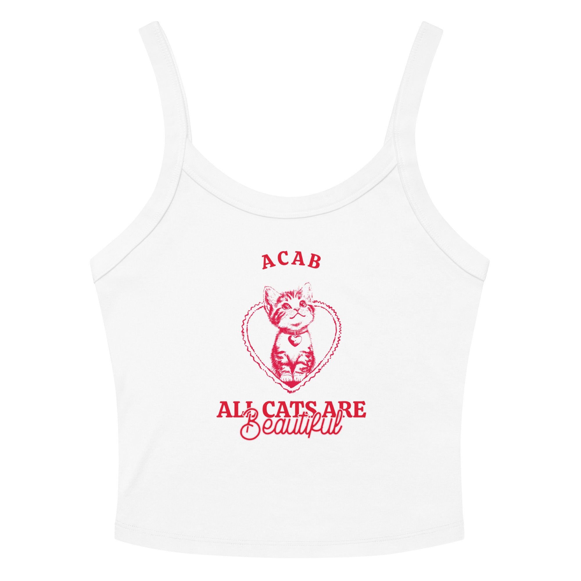 white political crop top that says acab: all cats are beautiful in red writing featuring a cute illustration of a cat in heart- shop feminist trash for acab tshirts and political clothes