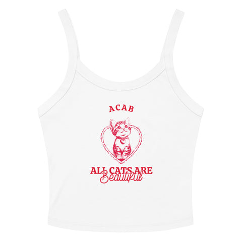 white political crop top that says acab: all cats are beautiful in red writing featuring a cute illustration of a cat in  heart- shop feminist trash for acab tshirts and political clothes