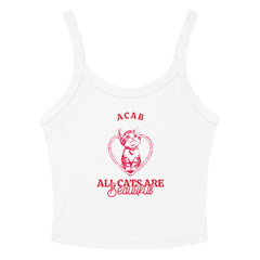 white political crop top that says acab: all cats are beautiful in red writing featuring a cute illustration of a cat in  heart- shop feminist trash for acab tshirts and political clothes