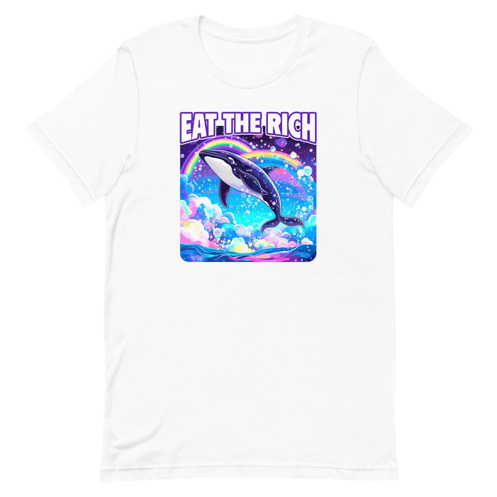 white political tshirt that says eat the rich. Featuring a Lisa Frank style illustration of a whale. Shop Feminist Trash for political clothing, feminist tees and acab t-shirts