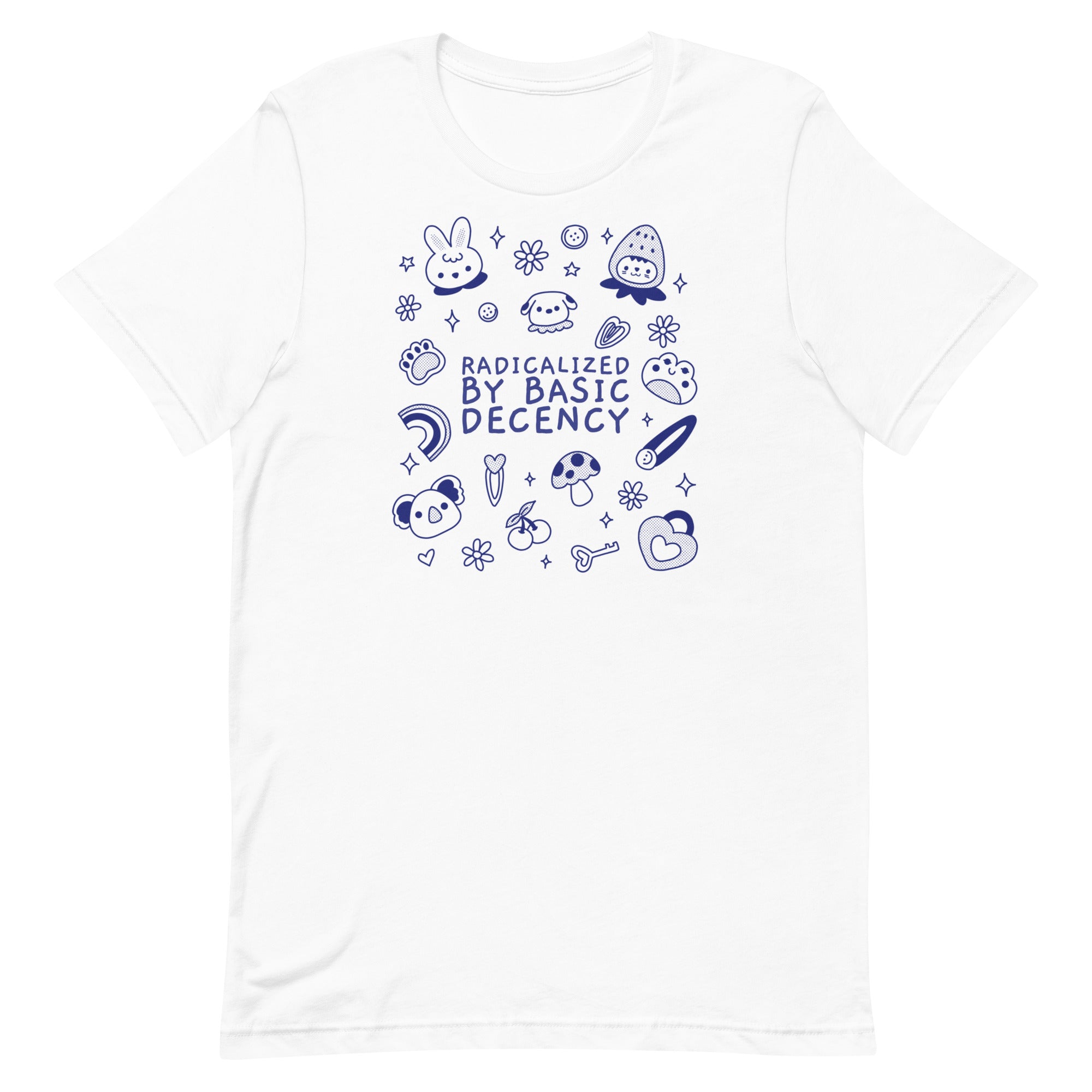 white political shirt that says radicalized by basic decency in blue writing featuring cute illustrations- shop feminist trash for political tshirts and acab shirts