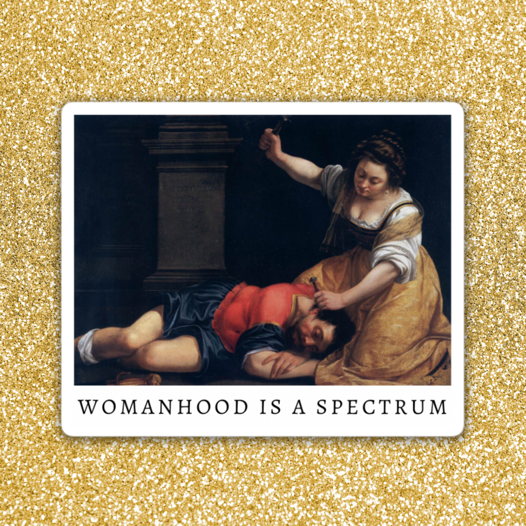 funny feminist sticker ;featuring the work Jael and Sisera by Artemisia Gentileschi- shop feminist trash for feminist stickers and funny bumper stickers