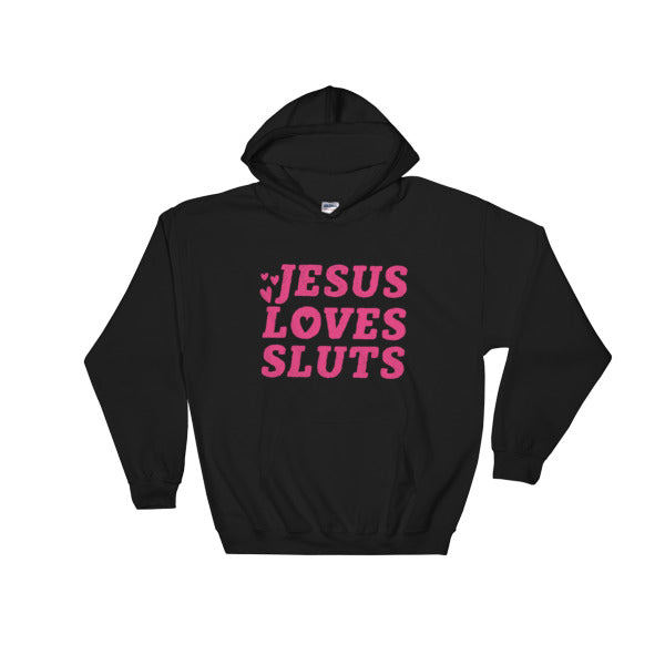 Black Feminist Hoodie that says Jesus Loves Sluts In red writing featuring three love hearts. Define feminism with our feminist sweatshirts, political clothing, dump him shirts, witchy outfits and pride tshirts