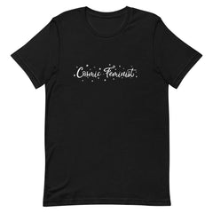 Black feminist shirt that says Cosmic Feminist in white flowing writing surrounded by stars- Shop Feminist Trash for feminist tees, witchy outfits, political clothing, dump him shirts and outfits for pride.