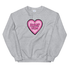 Grey feminist sweatshirt featuring a pink heart illustration with the words dump him written in bubble writing- shop our array of dump him shirts