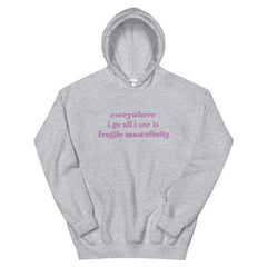 Grey feminist hoodie that says Everywhere I Go All I See Is Fragile Masculinity in purple lowercase font Shop Feminist apparel and dump him shirts