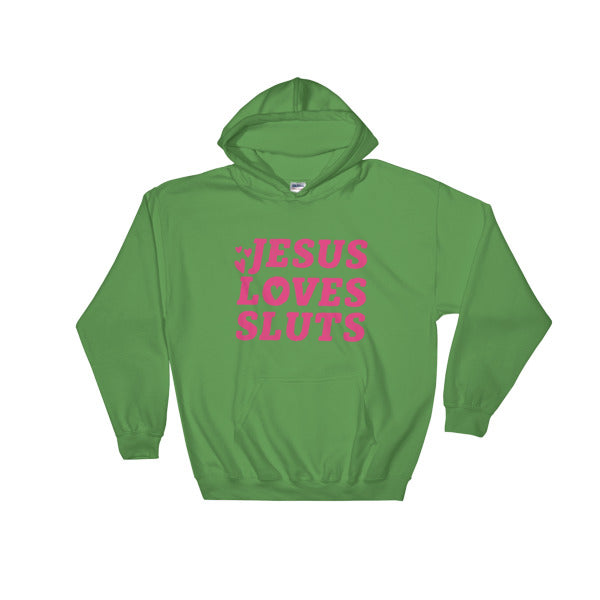 Green Feminist Hoodie that says Jesus Loves Sluts In red writing featuring three love hearts. Shop Feminist Trash for feminist sweatshirts, political clothing, dump him shirts, witchy outfits and pride tshirts
