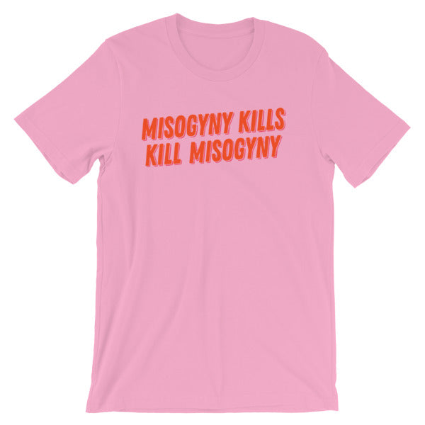 Pink Feminist shirt that says Misogyny Kills Kill Misogyny in orange writing- shop Feminist Trash for our range of cat lady tshirts, political clothing, witchy outfits, pride tshirts, and feminist apparel