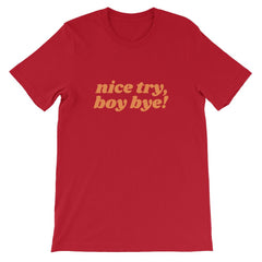 Red Feminist Tshirt that says Nice Try Boy Bye! in orange lover case retro writing- Shop feminist trash store for feminist shirts, political clothing acab t-shirts, dump him shirts, and pride outfits.