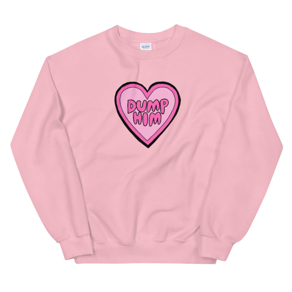 Pink feminist sweatshirt featuring a pink heart illustration with the words dump him written in bubble writing- shop our array of dump him shirts