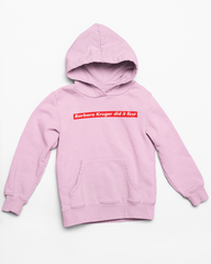 Pink Feminist Hoodie That says Barbara Kruger did it first in the supreme logo- Shop feminist apparel and dump him shirts