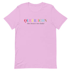 Lilac Pride themed tshirt that says Queer Icon like Jesus’s two dads! Shop Feminist Trash for political clothing, Pride Merch and Feminist Tees