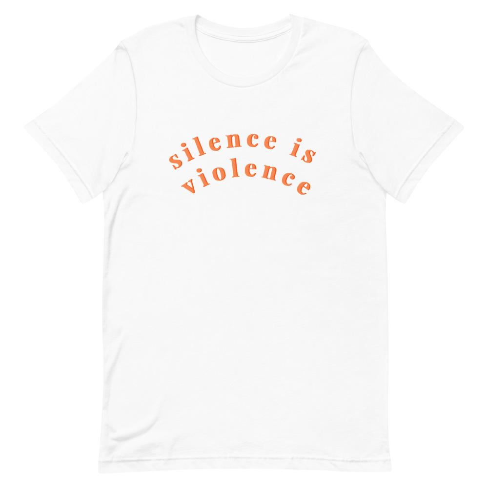 White social justice tee that says silence is violence in bold orange lowercase writing- shop feminist apparel