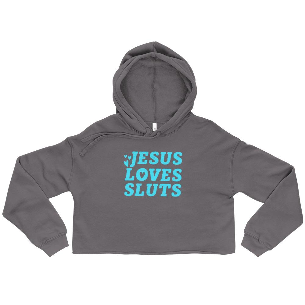 Storm Grey Jesus Loves Sluts Crop Feminist Hoodie With Bold Blue Writing- Shop feminist apparel and dump him shirts