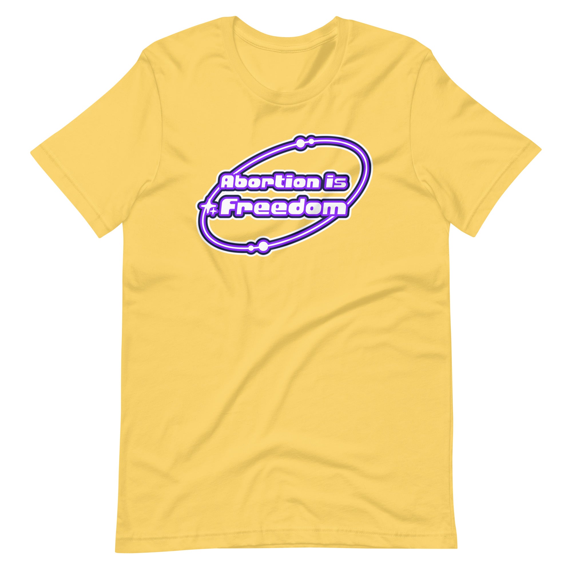 yellow feminist tshirt that says abortion is freedom in a purple and white y2k circular graphic. Shop Feminist Trash for pro choice tshirts and political clothes