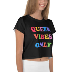 black Queer Vibes Only All-Over Print Pride Crop Top in rainbow retro writing- shop Feminist Trash for pride tees, political clothes and feminist t-shirts
