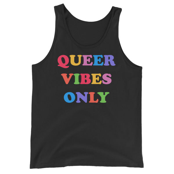 black pride tank top that says queer vibes only in rainbow retro writing- define pride with our pride clothing and dump him shirts