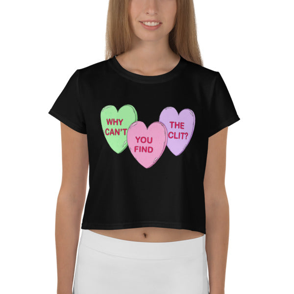 Why Can’t You Find The Clit All-Over Print Crop Top - Feminist Trash Store - Shop Women’s Rights T-Shirts - Black Women’s Crop Top