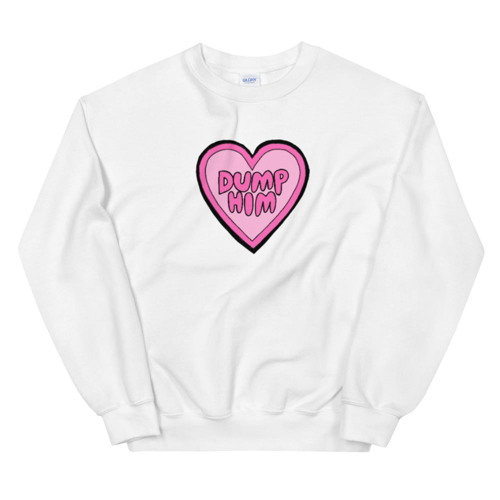 white feminist sweatshirt that says dump him in bubble writing inside a pink heart- shop our array of feminist shirts