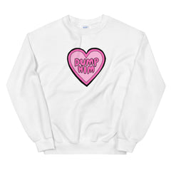 white feminist sweatshirt that says dump him in bubble writing inside a pink heart- shop our array of feminist shirts