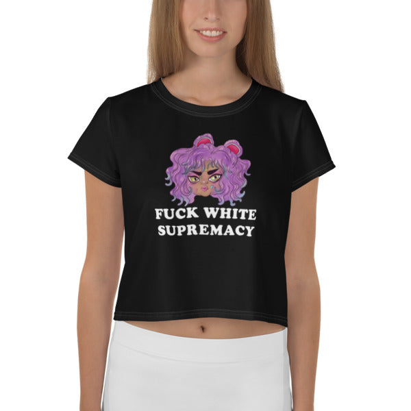 black feminist crop top that says Fuck White Supremacy with a brown sailor moon illustration- shop feminist trash for political clothes, feminist apparel and dump him shirts
