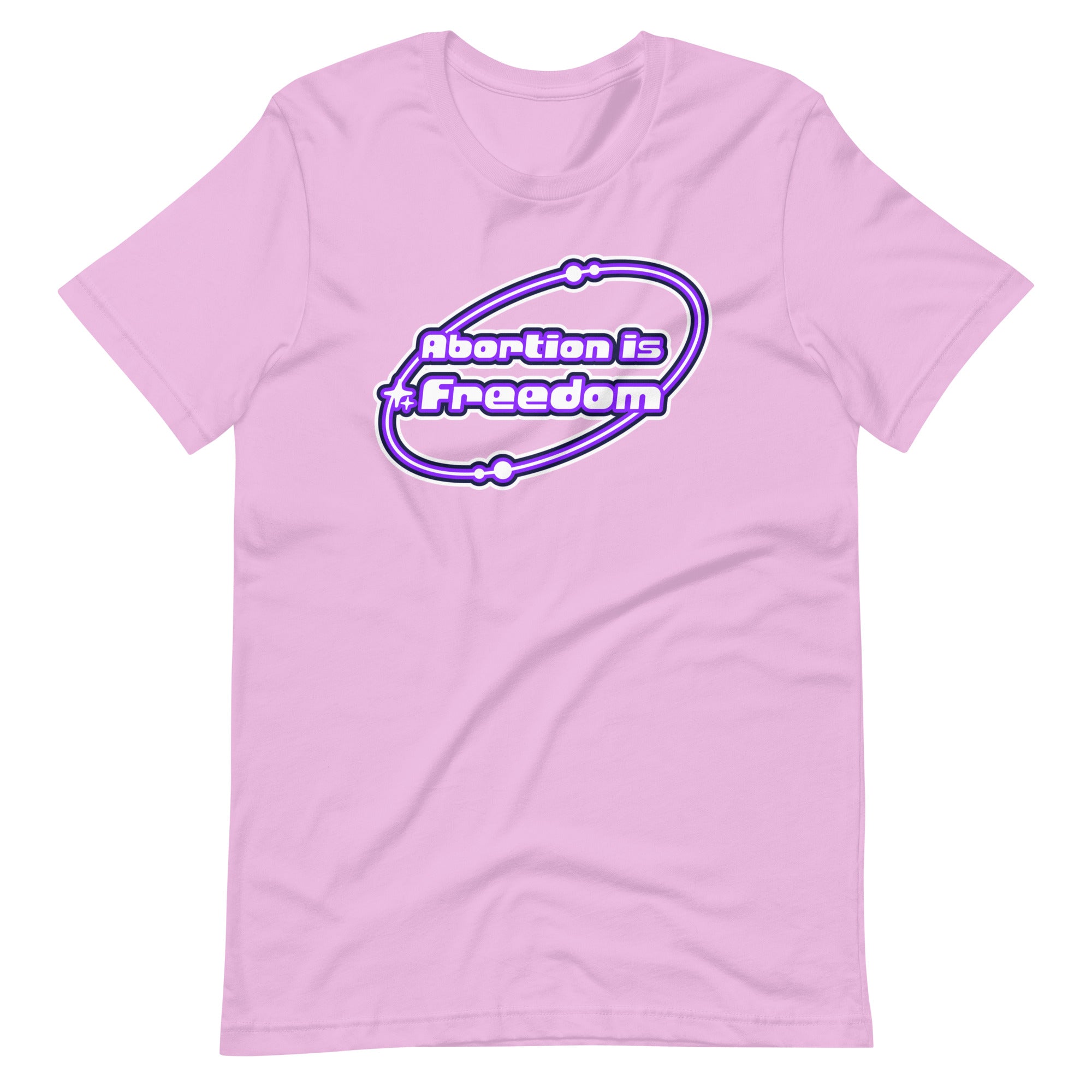lilac feminist shirt that says abortion is freedom in a purple and white y2k circular graphic. Shop Feminist Trash for pro choice shirts and political clothing