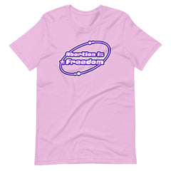 lilac feminist shirt that says abortion is freedom in a purple and white y2k circular graphic. Shop Feminist Trash for pro choice shirts and political clothing