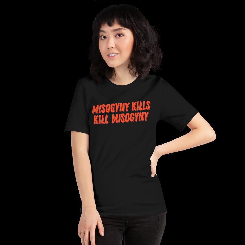 black feminist tee that says Misogyny Kills Kill Misogyny in orange bold writing- define feminism with our feminist apparel, dump him sweatshirts, political clothing, witchy outfits and pride tshirts