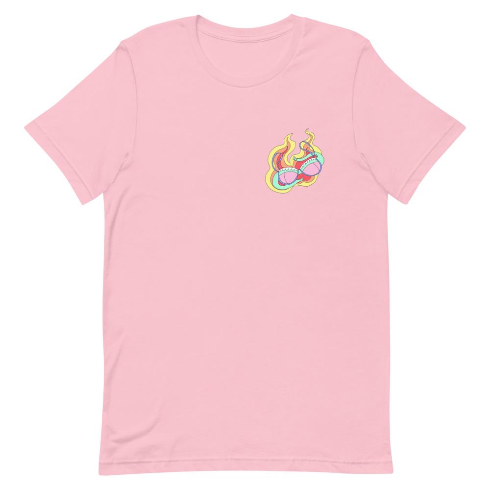pink feminist t-shirt featuring a burning bra graphic on the left breast- shop feminist graphic tees