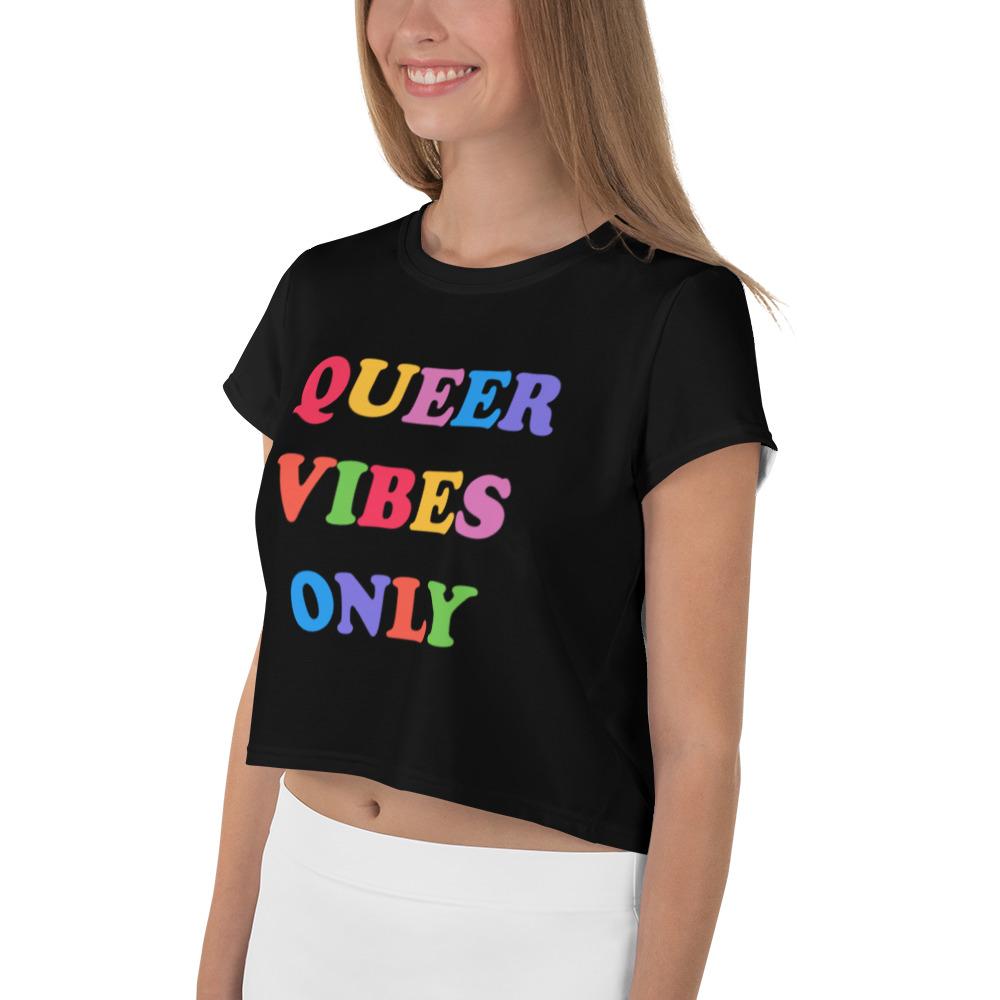 Black Queer Vibes Only All-Over Print Pride Crop Top. Shop Feminist Trash Store for political clothes, outfits for pride and feminist tees