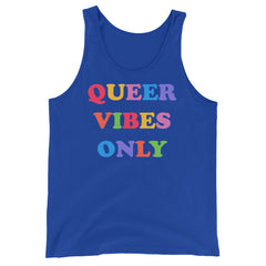 royal blue pride tank top that says queer vibes only in rainbow retro writing- define pride with our pride clothing and dump him shirts