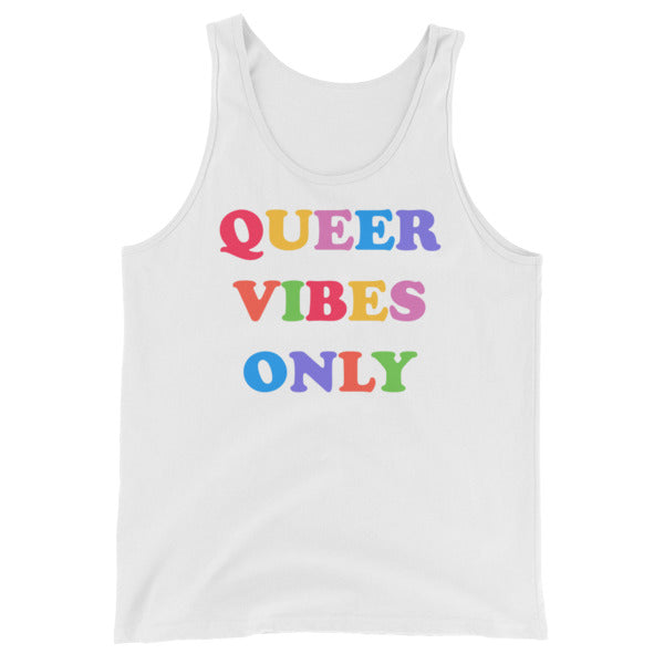white pride tank top that says queer vibes only in rainbow retro writing- define pride with our pride clothing and dump him shirts
