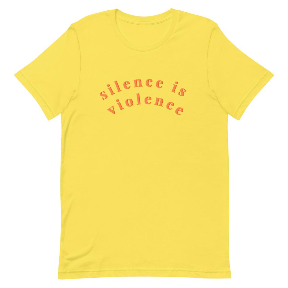 yellow feminist tee that says silence is violence in bold orange lowercase writing- shop feminist apparel