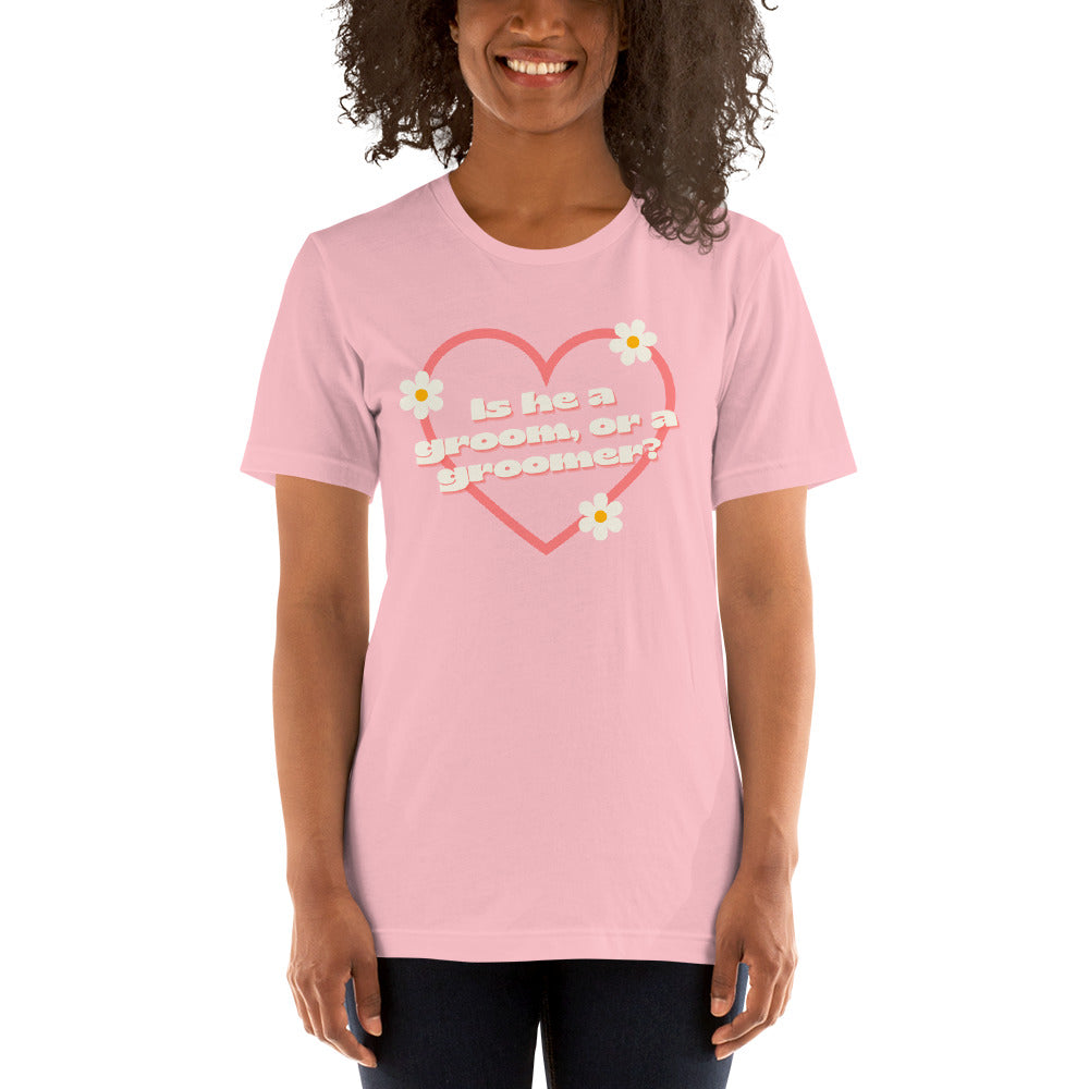 Is He A Groom, Or A Groomer? Unisex feminist t-shirt - Shop Women’s Rights T-shirts - Feminist Trash Store - Pink Oversized Women’s T-shirt