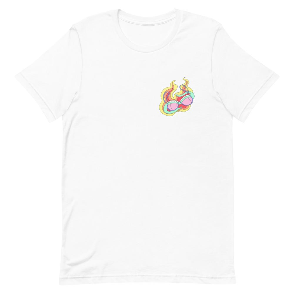 white feminist shirt featuring a burning bra graphic on the left breast- shop graphic feminist tshirts