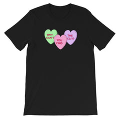 black feminist t-shirt that says Why Can’t You Find The Clit? in three candy hearts- shop feminist apparel and dump him shirts