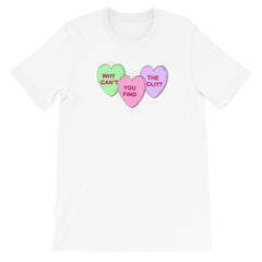 white feminist t-shirt that says Why Can’t You Find The Clit? in three candy hearts- shop feminist apparel and dump him shirts