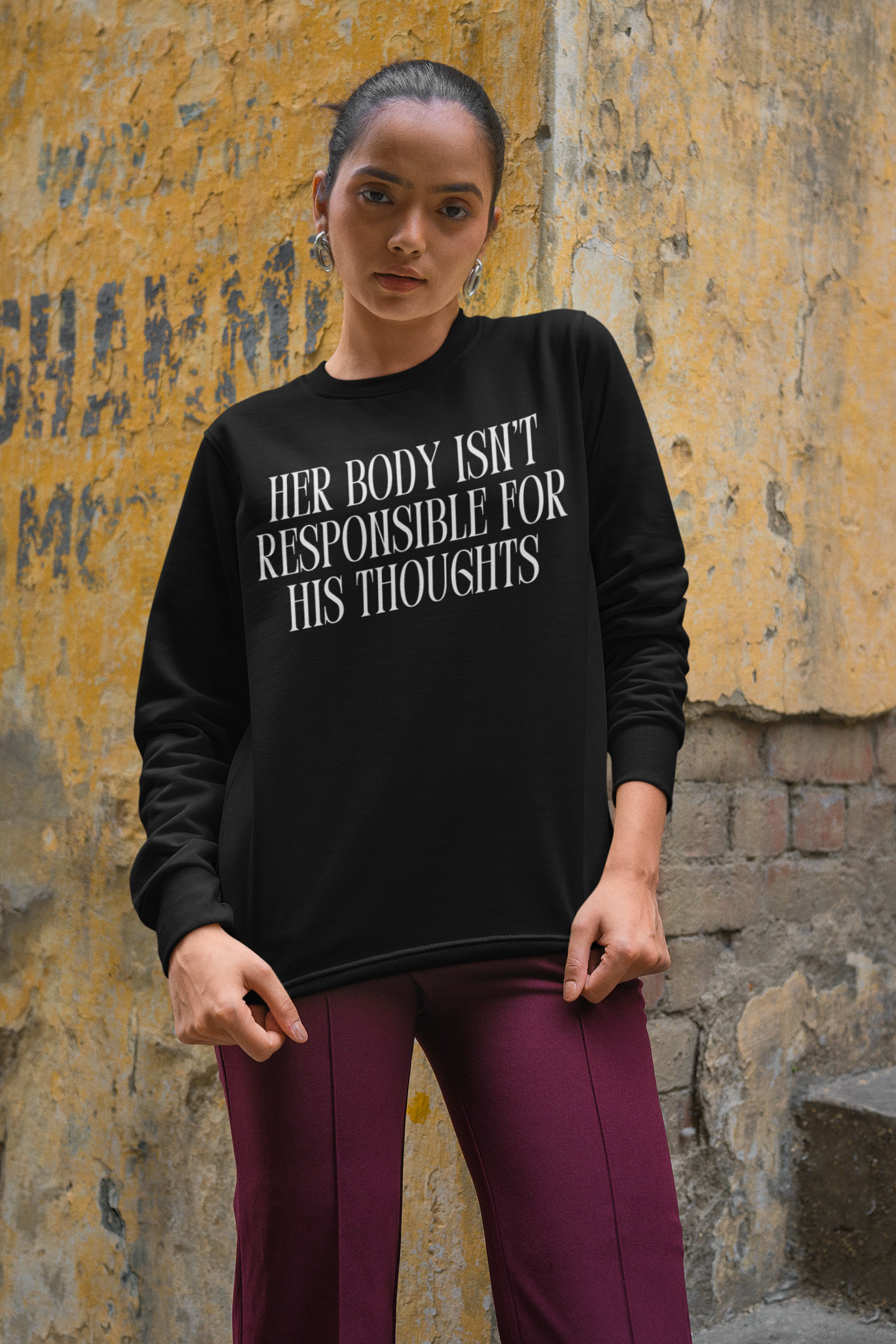 Her Body Isn’t Responsible For His Thoughts Unisex Feminist Sweatshirt - Shop Women’s Rights T-shirts - Feminist Trash Store - Oversized Black Sweatshirt