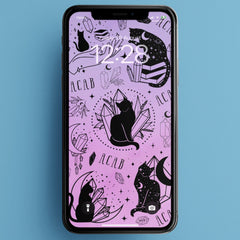acab phone wallpaper featuring black witchy cats and crystal illustrations. Shop Feminist Trash for i phone wallpapers and political phone backgrounds