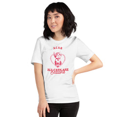 White unisex ACAB tshirt featuring a cute red cat illustration that says all cats are beautiful- Shop feminist trash for feminist tees, acab shirts, political clothing and dump him shirts.