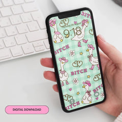 pink and teal funny phone wallpaper of a cowgirl goose pattern with the word bitch scattered through. Shop Feminist Trash for this phone wallpaper background and android wallpapers